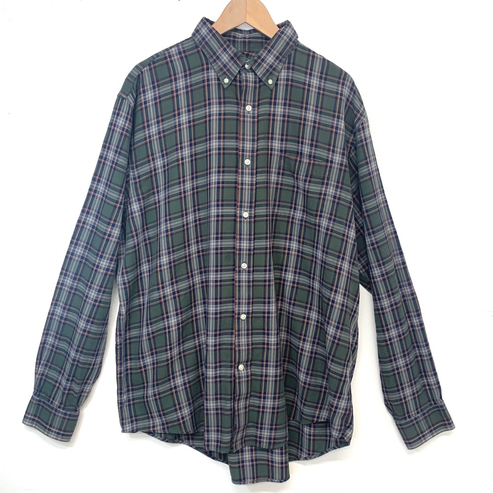 Lands End Mens XL Green Plaid Button Down Shirt Long Sleeve 100% Cotton XL Work